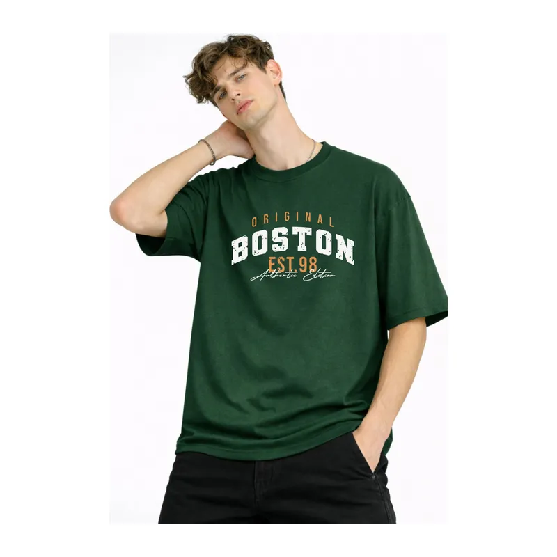 Boston - Baskılı Oversize Tişört HAKI