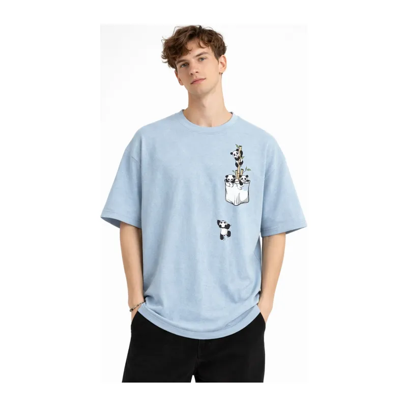 Panda - Baskılı Oversize Tişört AÇIK MAVİ