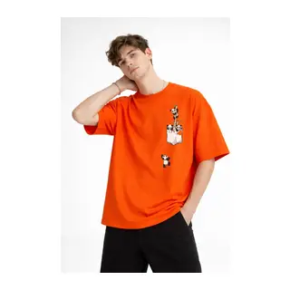 Panda - Baskılı Oversize Tişört TURUNCU