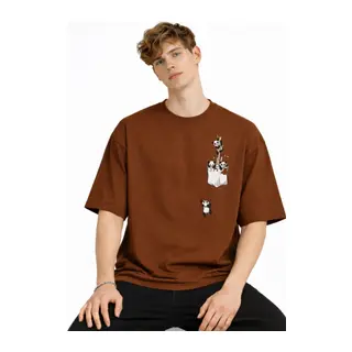 Panda - Baskılı Oversize Tişört KAHVE