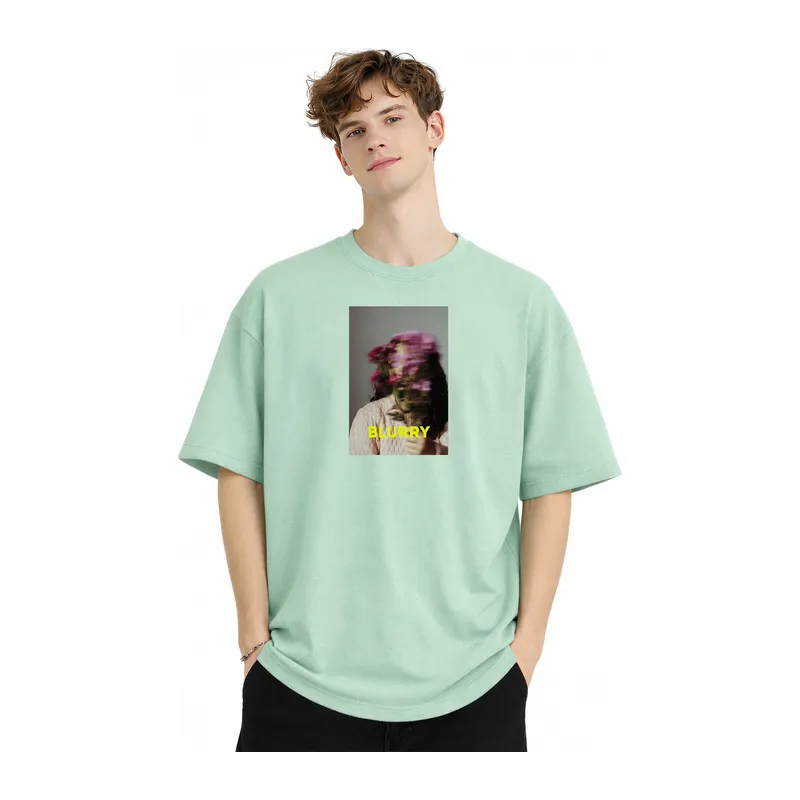 Blurry - Oversize Erkek Tişört SU YESILI
