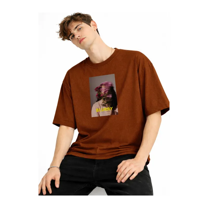 Blurry - Oversize Erkek Tişört KAHVE