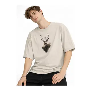 Deer - Oversize Erkek Tişört BEJ