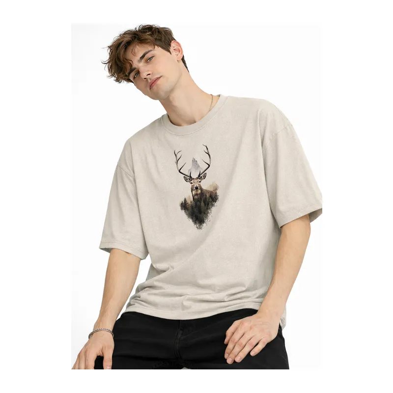 Deer - Oversize Erkek Tişört BEJ