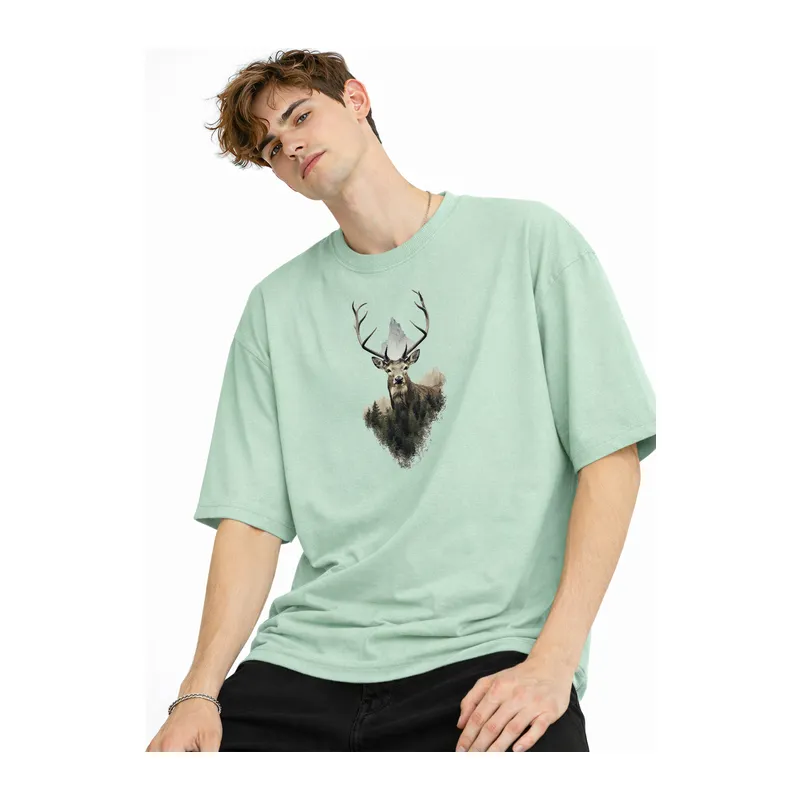 Deer - Oversize Erkek Tişört SU YESILI