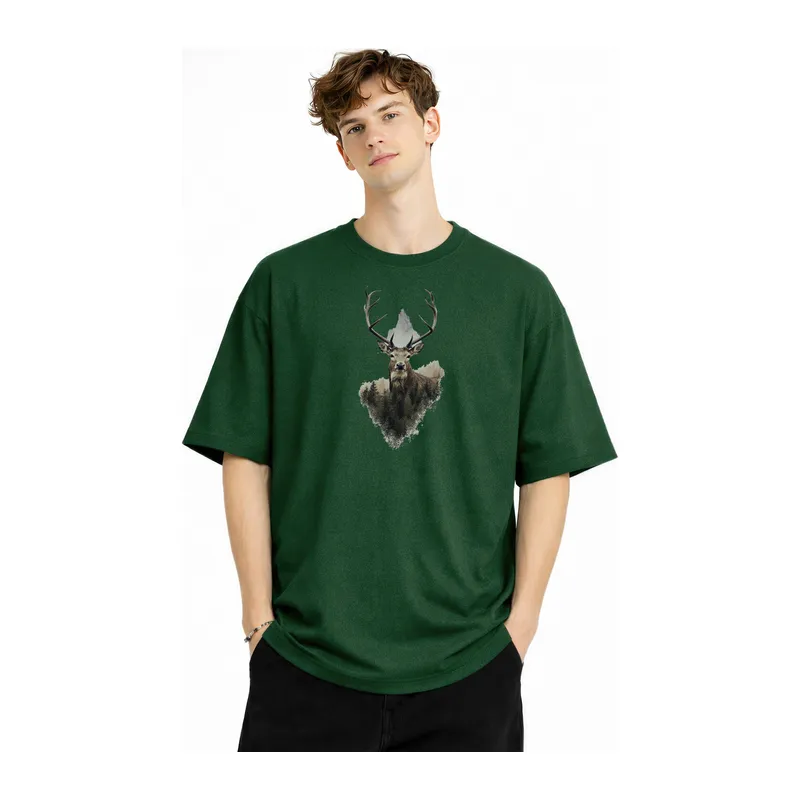 Deer - Oversize Erkek Tişört HAKI
