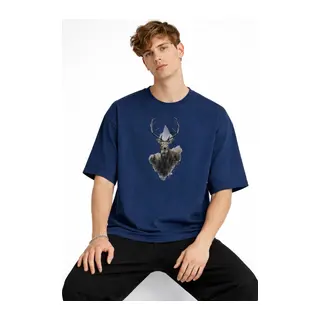 Deer - Oversize Erkek Tişört Koyu Mavi