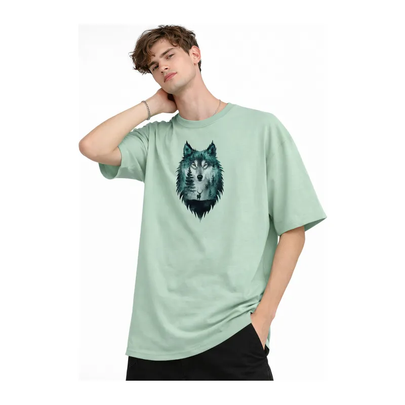 Wolf - Oversize Erkek Tişört SU YESILI