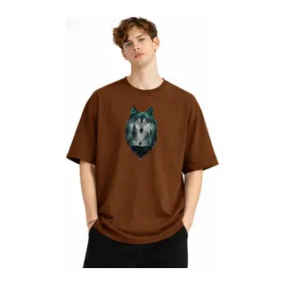 Wolf - Oversize Erkek Tişört KAHVE