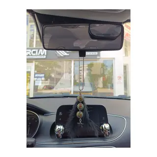 Disko Toplu Metal Yıldız Dikiz Ayna Süsü Siyah Tüylü