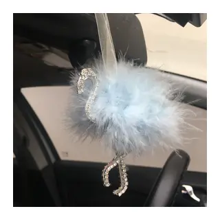 Flamingo Gümüş Pleksi Taşlı Dikiz Ayna Süsü Mavi Tüylü