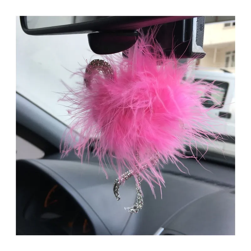 Flamingo Gümüş Pleksi Taşlı Dikiz Ayna Süsü Pembe Tüylü