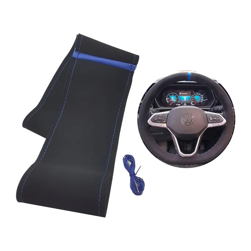 Alcantra Nubuk Kumaş Mavi Yüzüklü Dikme Direksiyon Kılıfı 105mm 38-40cm Mavi Dikişli Siyah