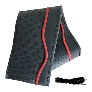 Lüx Desenli Deri Dikme Direksiyon Kılıfı 38-40cm Siyah-Bordo Şeritli OND377