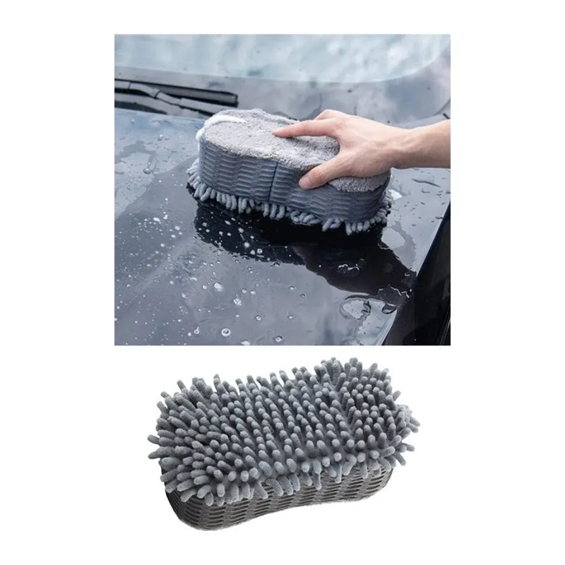 Çift Taraflı Mikrofiber Şönil Tüylü Araba Oto Yıkama Kurulama Temizlik Süngeri 23x12x6cm Gri
