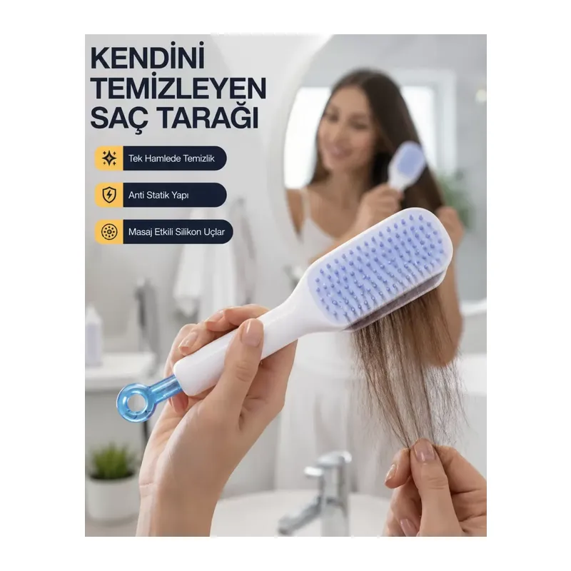 Kendini Temizleyen Ergonomik Saç Tarağı – Abs Gövde, Silikon Diş