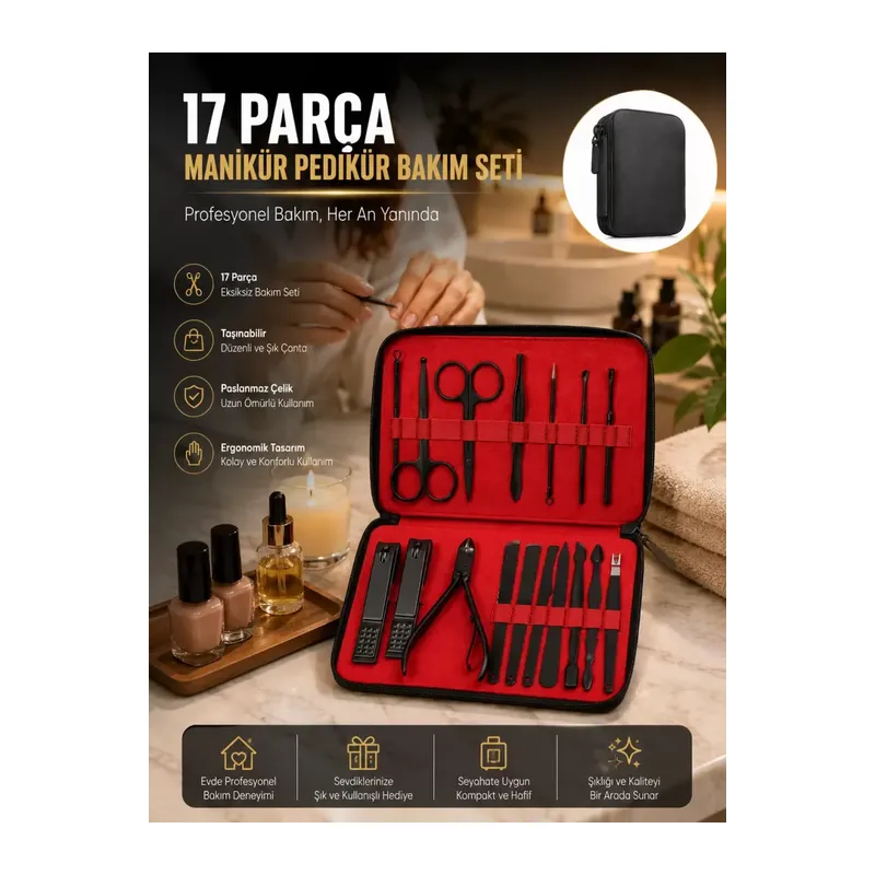 Paslanmaz Çelik 17 Parça Manikür Pedikür Seti Ve Taşınabilir Şık Çanta