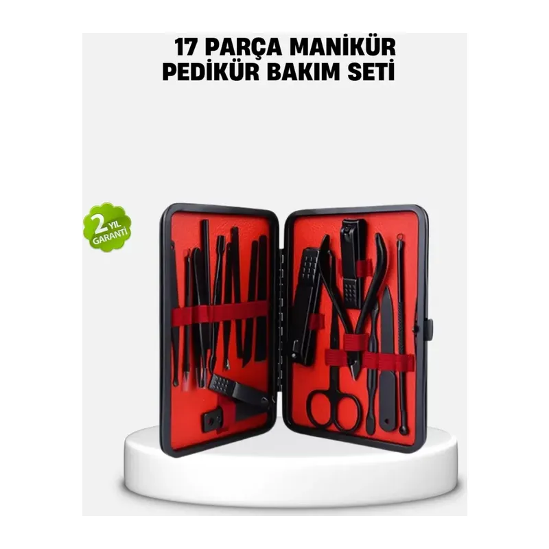 17 Parça Profesyonel Manikür Pedikür Seti Paslanmaz Çelik Siyah Kutu