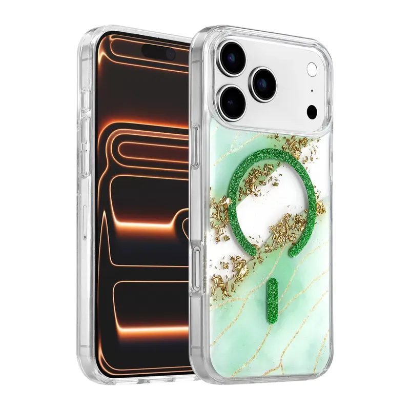 Onegif Apple İphone 17 Pro Lotus Simli Magsafe Kapak - Yeşil