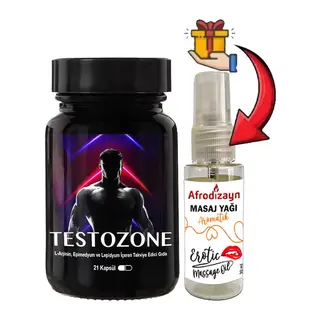 Testozone: 1 Adet Erkeklere Sexözel L-argininli Epimedyumlu Lepidyumlu 21li Formül + 30 Ml Afrodizayn Masaj Yağı