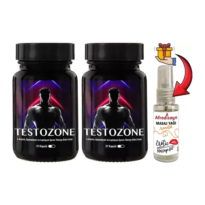 Testozone: 2 Adet Erkeklere Özel L-argininli Epimedyumlu Lepidyumlu 21lı Formül + 30 Ml Afrodizayn Masaj Yağı