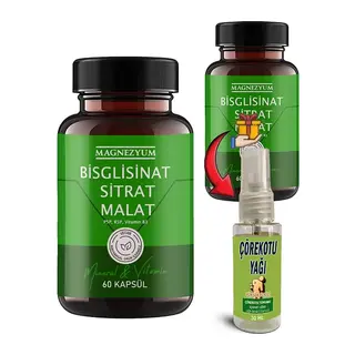 Magnezyum: 2 Adet Bisglisinat Magnezyum Sitrat Magnezyum Malat & Vitamin B2 B3 B6 Ve Mineral Kapsülleri 60lı 2 Adet + 30 Ml Çörek Otu Masaj Yağı