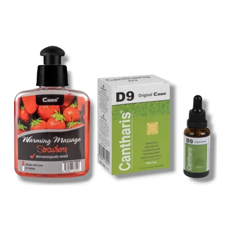 Caas Çilek Aromalı Isıtıcılı Cinsel Masaj Yağı 100 Ml + Cantharis D9 Kadınlara Özel Damla