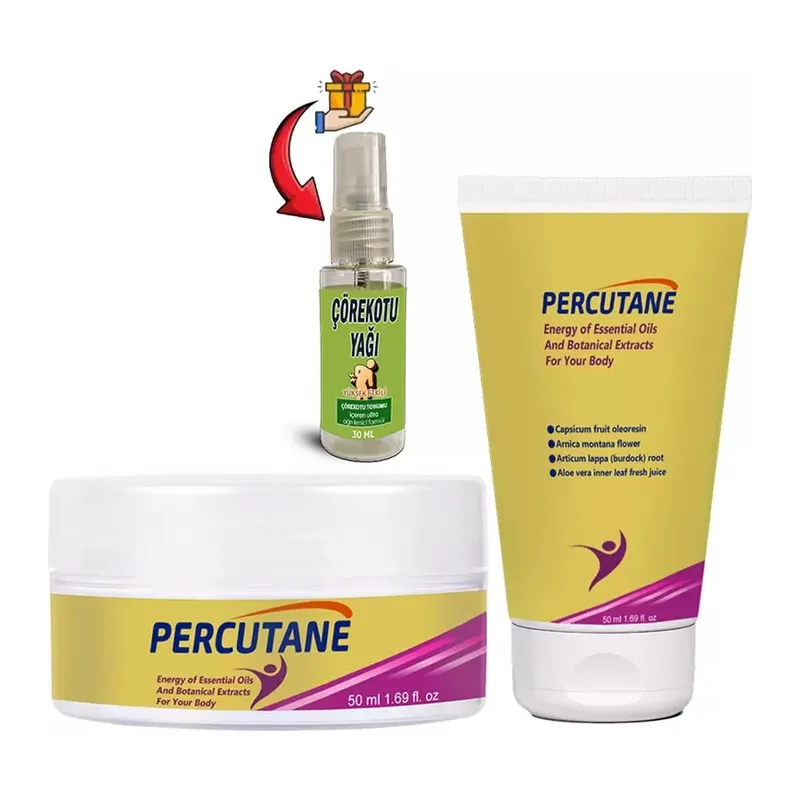 Percuadet 1erli Set: Tüp + Kavanoz Kapsikum Arnika Montana Dulavratotu Kökü Kremi 50ml + Çörekotu Yağı Vücut Masaj Seti
