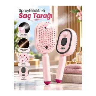 Şarjlı Elektrikli Saç Tarağı Sprey Nemlendirme Özellikli Ergonomik Saç Bakım Fırçası