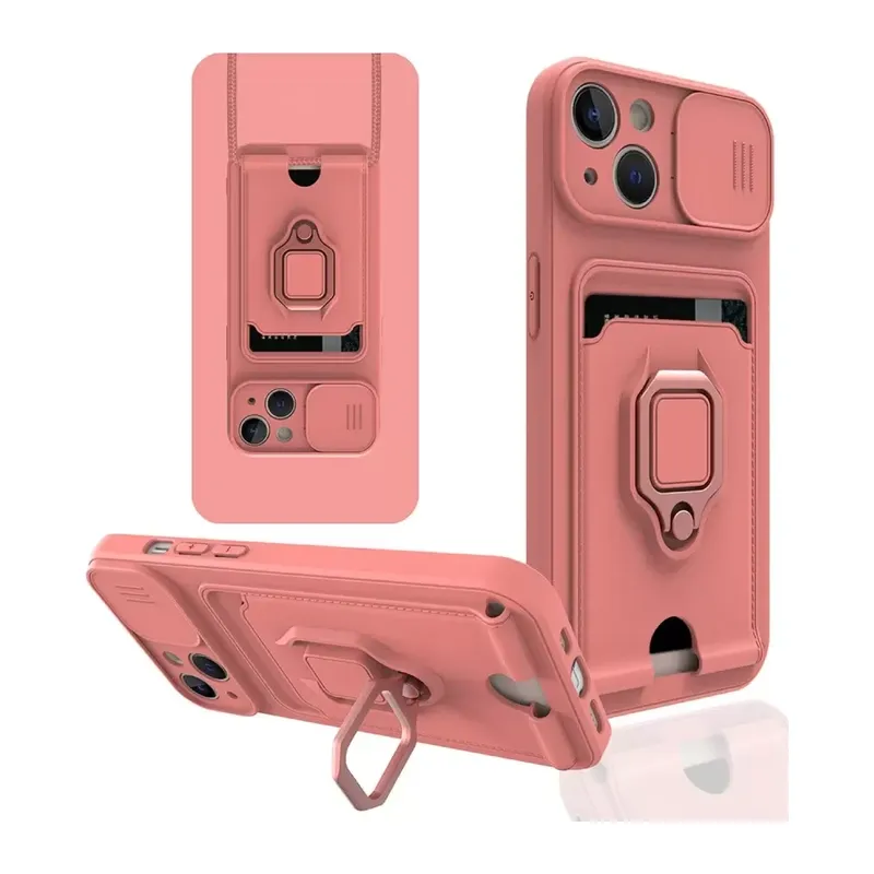Apple İphone 14 Kılıf Zuma Kartvizitli Yüzüklü Silikon - Pembe