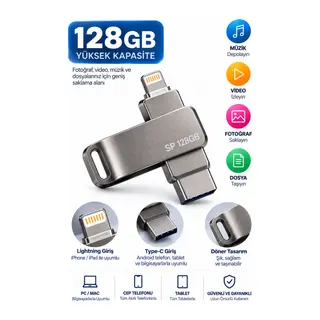 Telefon Tablet ve Bilgisayar Uyumlu 128GB Lightning Type C Çoklu Girişli USB Bellek