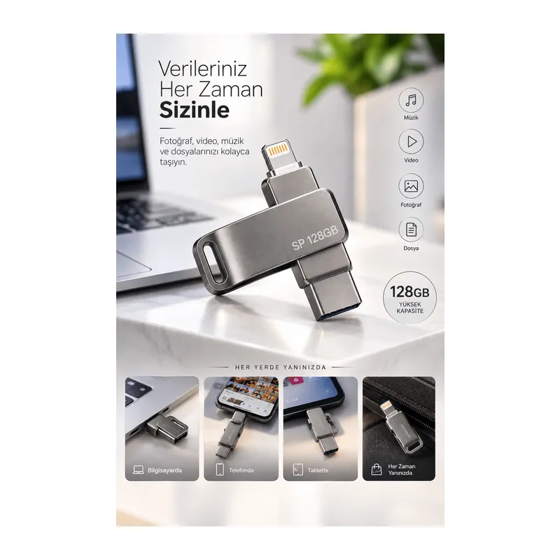 Kompakt Tasarımlı 128GB Çok Amaçlı USB Flash Bellek Lightning Type C Girişli Taşınabilir Depolama
