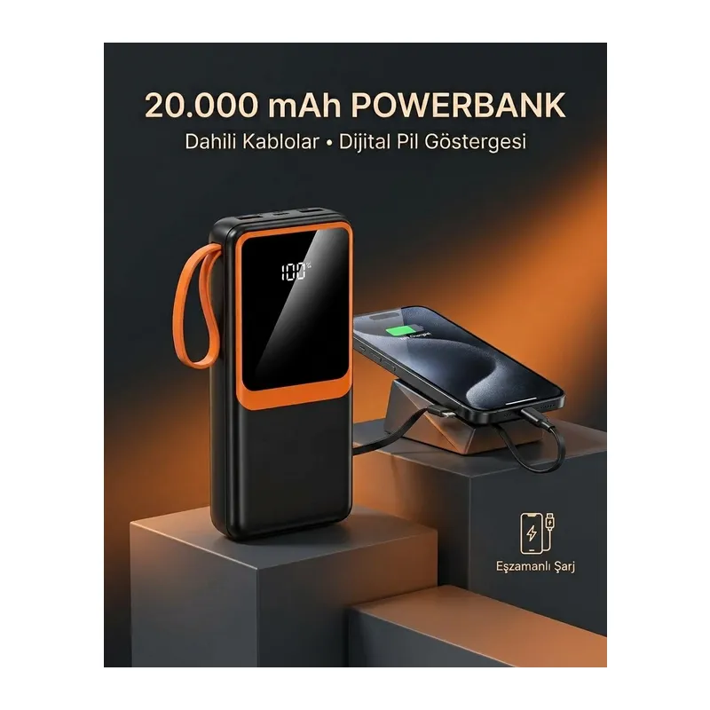 Dahili Çoklu Kablolu 20000 mAh Powerbank Dijital Pil Göstergeli Telefon Şarj Cihazı