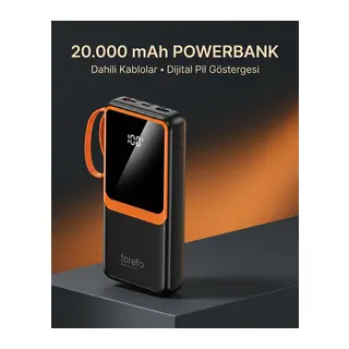 Telefon ve Mobil Cihaz Uyumlu 20000 mAh Powerbank Dahili Kablolu Dijital Göstergeli