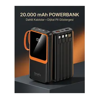1. Çoklu Çıkışlı 20000 mAh Powerbank Entegre Kablolu Dijital Ekranlı Taşınabilir Şarj Cihazı