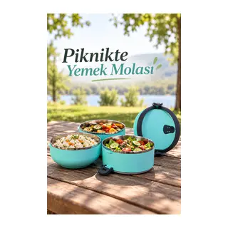 Üç Katlı Sefer Tası Sızdırmaz Kapaklı Çelik İç Hazneli Yemek Taşıma Kabı