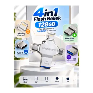 4in1 128GB USB Flash Bellek Lightning Type-C USB-A MicroUSB Girişli Çok Amaçlı Bellek