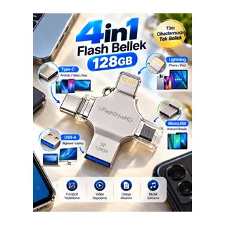 128GB 4’lü Girişli Flash Bellek Lightning Type-C USB-A MicroUSB Telefon Tablet Bilgisayar Uyumlu