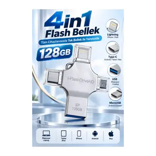 4in1 128GB Flash Bellek USB Type-C Lightning MicroUSB Çoklu Girişli Taşınabilir USB Bellek