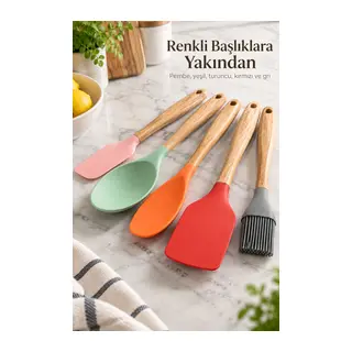Ahşap Görünümlü Saplı Spatula ve Mutfak Fırçası Seti