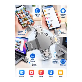 Kompakt ve Taşınabilir Tasarıma Sahip 64GB Lightning Type C USB MicroUSB Çoklu Kullanımlı Flash Bellek