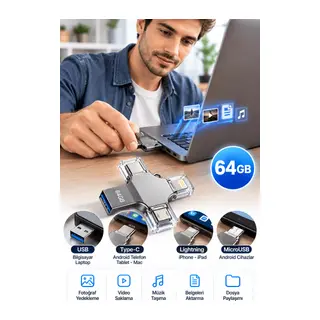 Tek Ürünle Birden Fazla Cihazda Kullanım Sunan 64GB Lightning Type C USB MicroUSB Girişli Flash Bellek