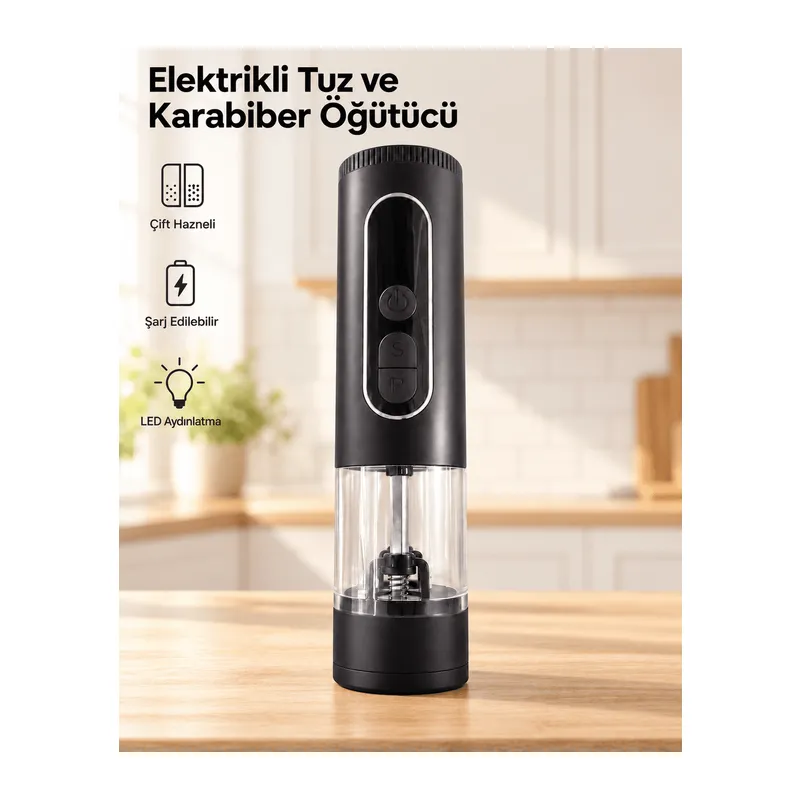 Tek Tuşla Kullanım Sunan LED Aydınlatmalı Elektrikli Tuz ve Karabiber Değirmeni