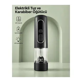 Çift Hazneli Şarj Edilebilir Elektrikli Tuz ve Karabiber Öğütücü Siyah