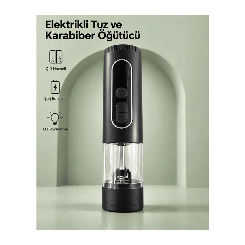 Çift Hazneli Şarj Edilebilir Elektrikli Tuz ve Karabiber Öğütücü Siyah