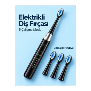 Değiştirilebilir Başlıklı Siyah Elektrikli Diş Fırçası 5 Mod ve 3 Yedek Başlık