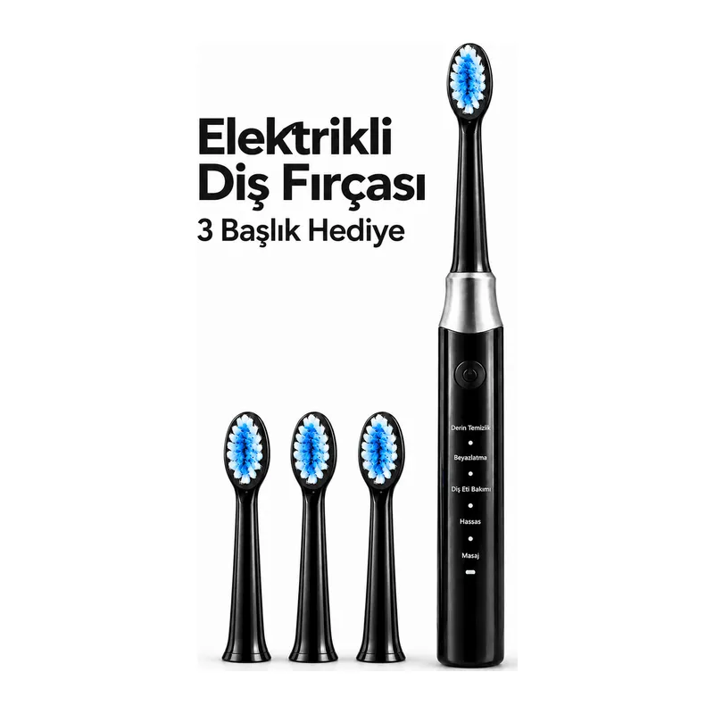 Siyah Elektrikli Diş Fırçası 3 Yedek Başlık Hediyeli