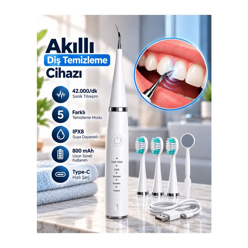 1. Taşınabilir Akıllı Diş Temizleme Cihazı Ayarlanabilir 5 Kademe Type C Şarjlı Sonic Temizleme