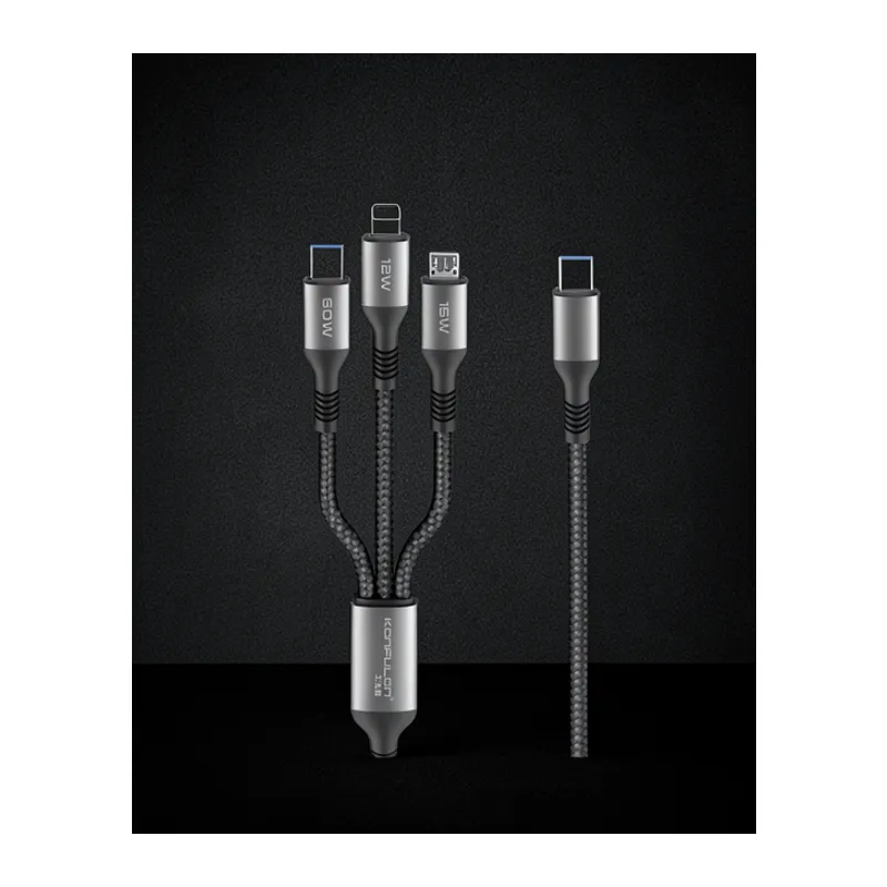 Dc62 3in1 Type-c To 60w Type-c / 12w Lightning / 15w Micro 1.2m Hızlı Şarj Kablo - Siyah
