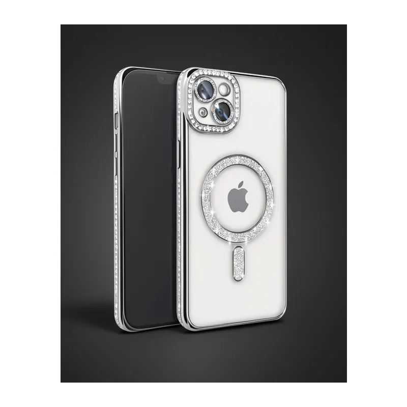 Apple İphone 15 Kılıf Joke Simli Magneticsafe Kılıf - Gümüş